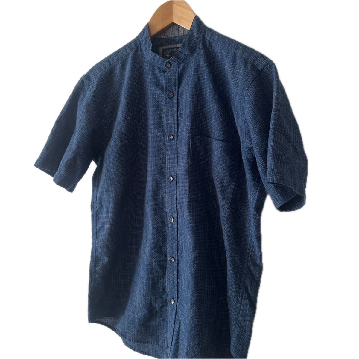 浮雲 ウキグモ メンズバンドカラー半袖かりゆしシャツ USED M 藍色　沖縄　アロハ