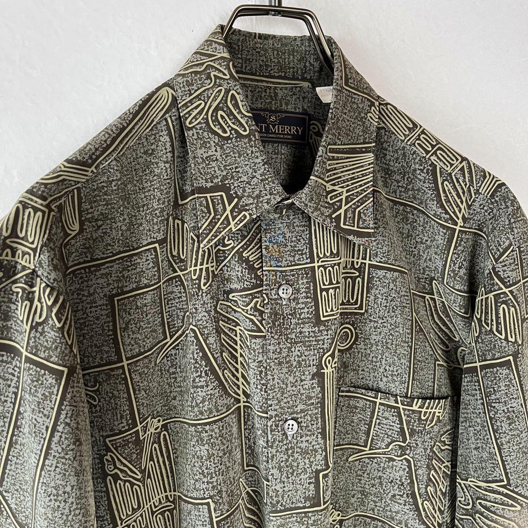 古着 日本製 総柄シャツ アート柄 モード カーキ 緑 ナスカの 古着 日本製 総柄シャツ アート柄 モード カーキ 緑 ナスカの