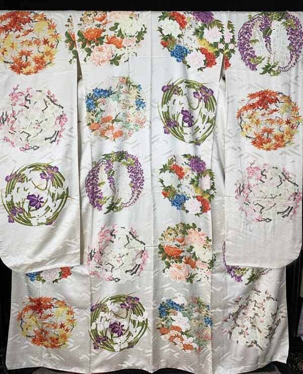 * kimono ... antique kimono obi * long-sleeved kimono ... ground Hanamaru writing sama flowers of four seasons wistaria Sakura silk coming-of-age ceremony wedding butterfly embroidery 100 flower ..