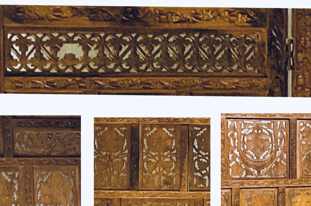 ビンテージ アジアン家具 パーテーション エスニック 衝立 間仕切り 木製 木彫り 手彫り 透かし彫り 衝立 2連 アンティーク の画像6