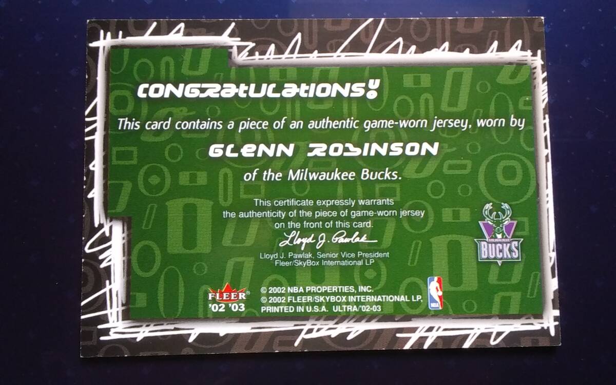 2002-03 FLEER ULTRA MILWAUKEE BUCKS 【GLENN ROBINSON】 GAME WORN JERSEY の画像2