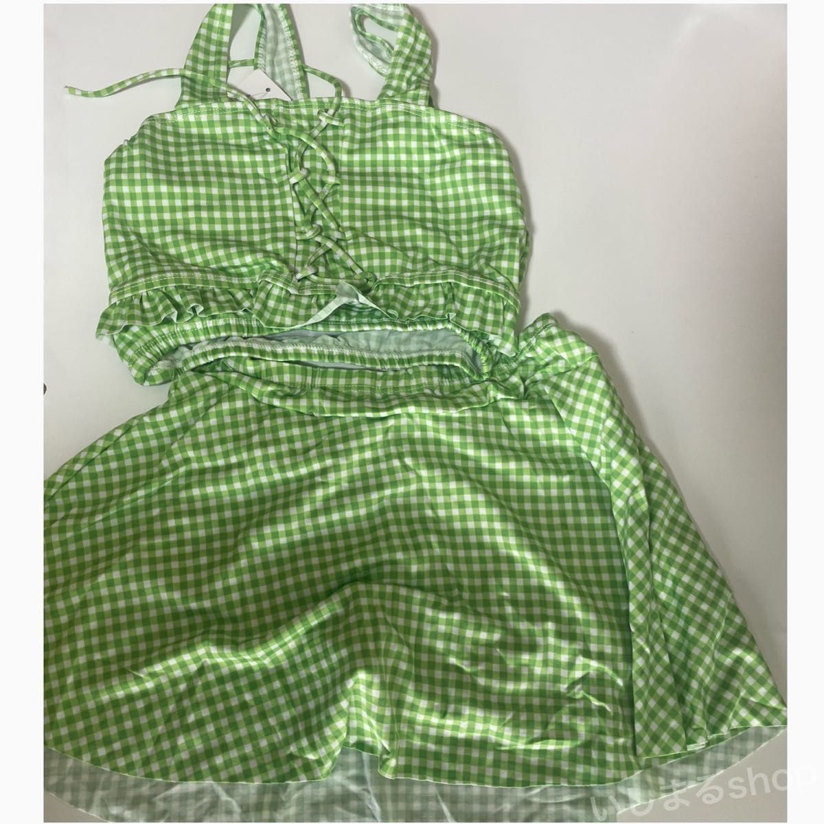 キッズセパレート水着　緑　ビキニ　女の子　ギンガムチェック　子供服 フリル224  ワンピース水着
