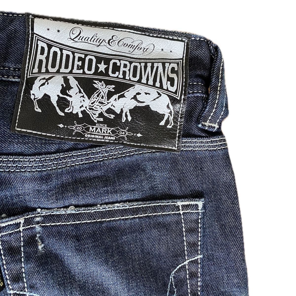 新品16990円S！難あり！ロデオクラウンズRODEOCROWNS！ストレートデニムパンツ！ダメージ加工インディゴブルー150cm