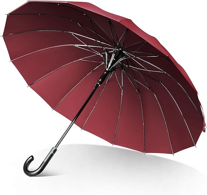 傘 メンズ 長傘 雨傘 【高強度16本骨 大きいサイズ】 直径115cm 大判 紳士傘 軽量 晴雨兼用傘 収納ポーチ付　暗い赤