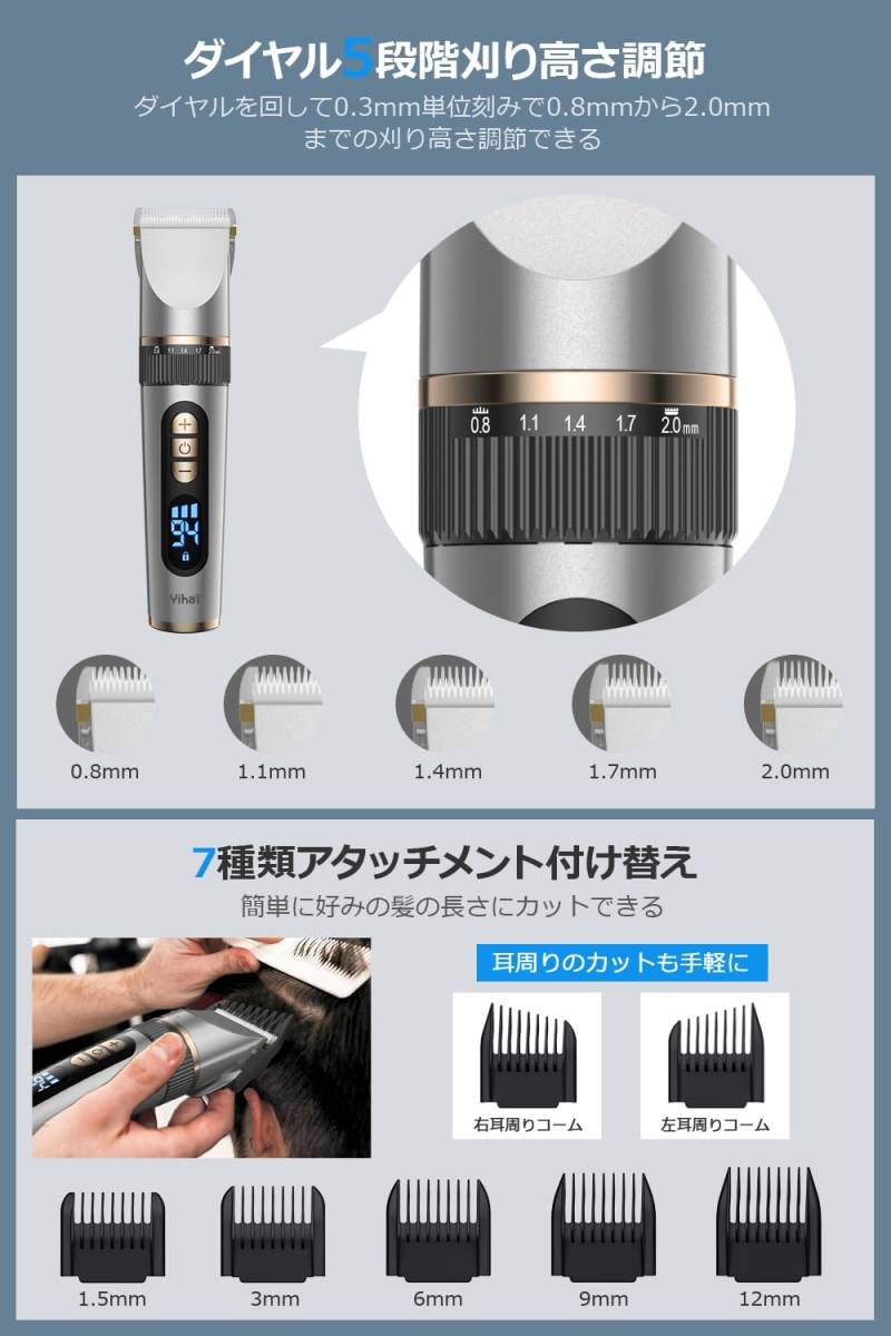 電動バリカン ヘアーカッター LED電量ディスプレイ メンズ 子供 散髪用 IPX7防水 全身水洗い可 0.8-12mm対応 バリカン USB充電式