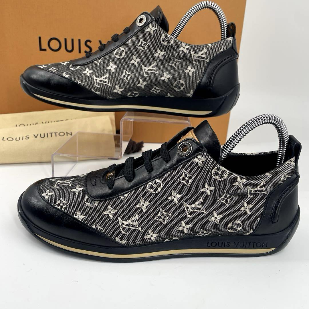 c602真贋済【ルイヴィトン】美品”LOUIS VUITTON モノグラム ミニ ジャガード スニーカー 黒 35 デザイン ラウンド レースアップ 22.5cm 靴_画像3