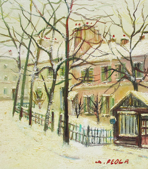 Charles Feola『雪の中のモンマルトル』油彩、キャンバス　F3号　サイン有　額、箱付き_画像4