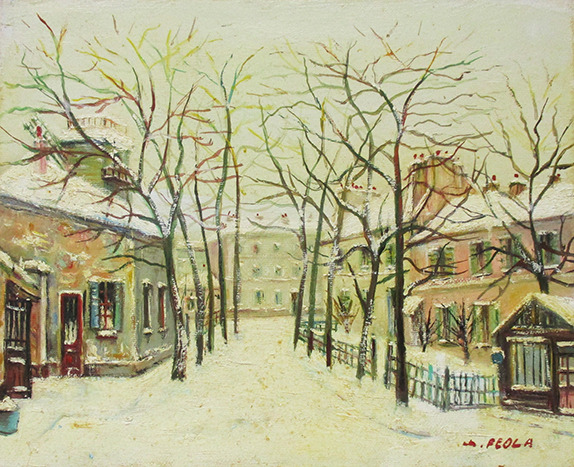 Charles Feola『雪の中のモンマルトル』油彩、キャンバス　F3号　サイン有　額、箱付き_画像2