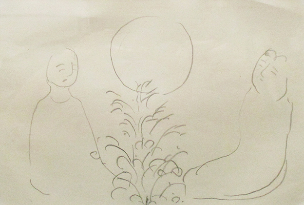 伊藤彬　素描2点組額装　『月見て』鉛筆、紙/『タイトル不明』ペン、紙　ノーサイン 箱付き　箱にシール　_画像2
