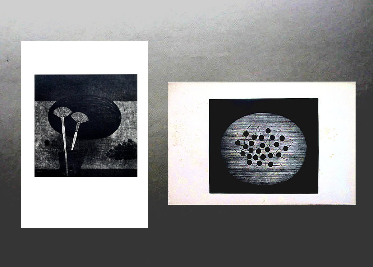 浜口陽三 銅版画2点【「Nature morte aux pinceaux,1955年」/「Les serises,1957年」】2点シート 約31,5×48,5ｃｍ [真作保証]の画像1