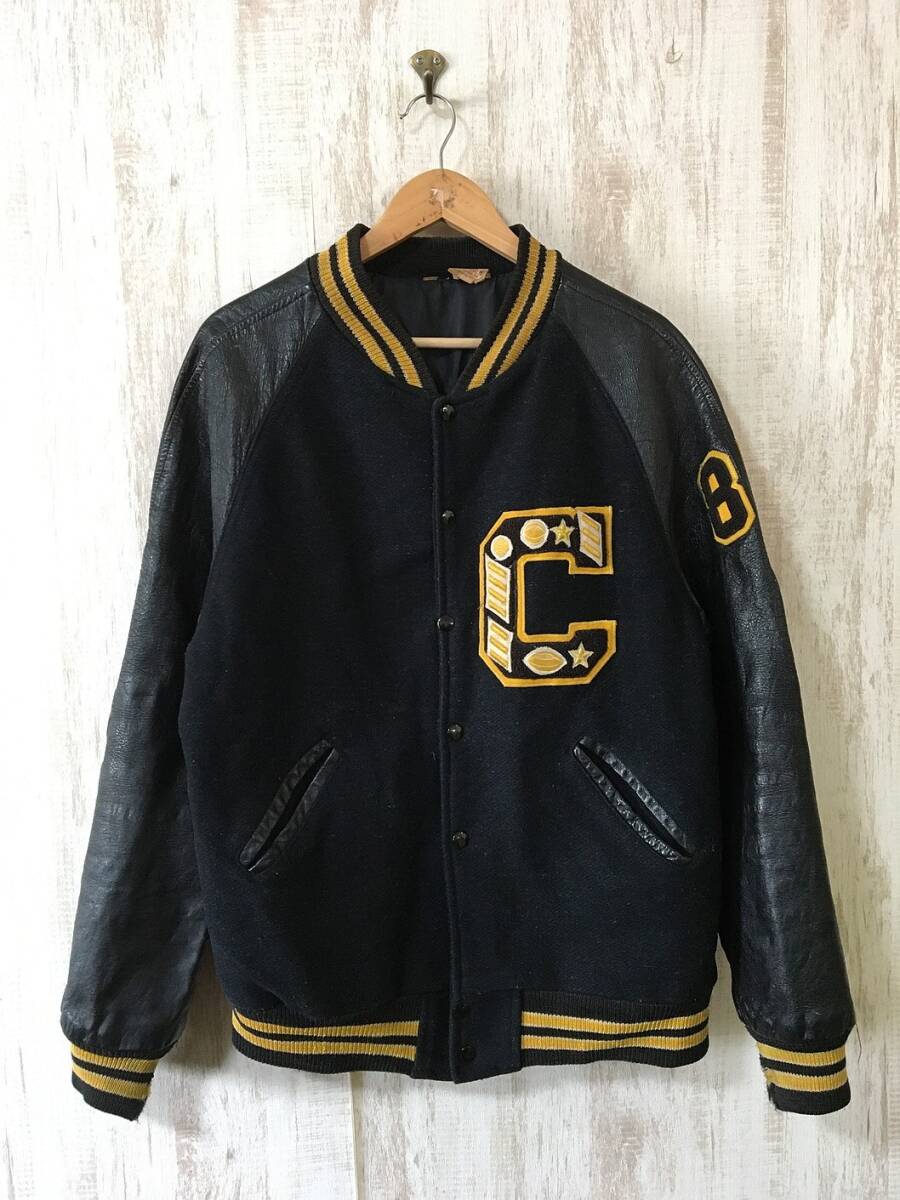 at320☆【ヴィンテージ 古着】MATT'S JACKET 袖切り替えレザー ウールスタジャン 黒_画像2