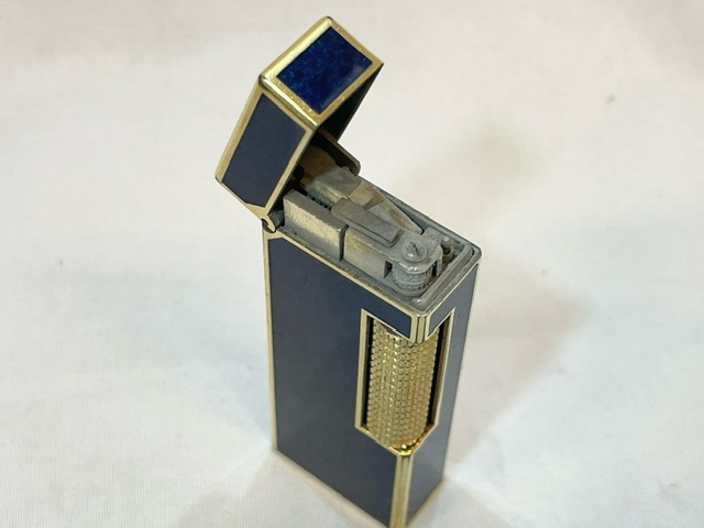 T6190 1円〜 dunhill ダンヒル ガスライター マーブル柄 ゴールドカラー ブルーカラー 金 青 ブルー ローラー式 ジャンク品の画像6