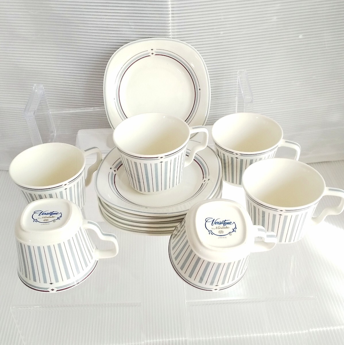 バーサトーン ノリタケ Versatone Noritake 昭和レトロポップ コーヒーカップ カップ & ソーサー 珍しい6客セット ストライプブルー 食器の画像1