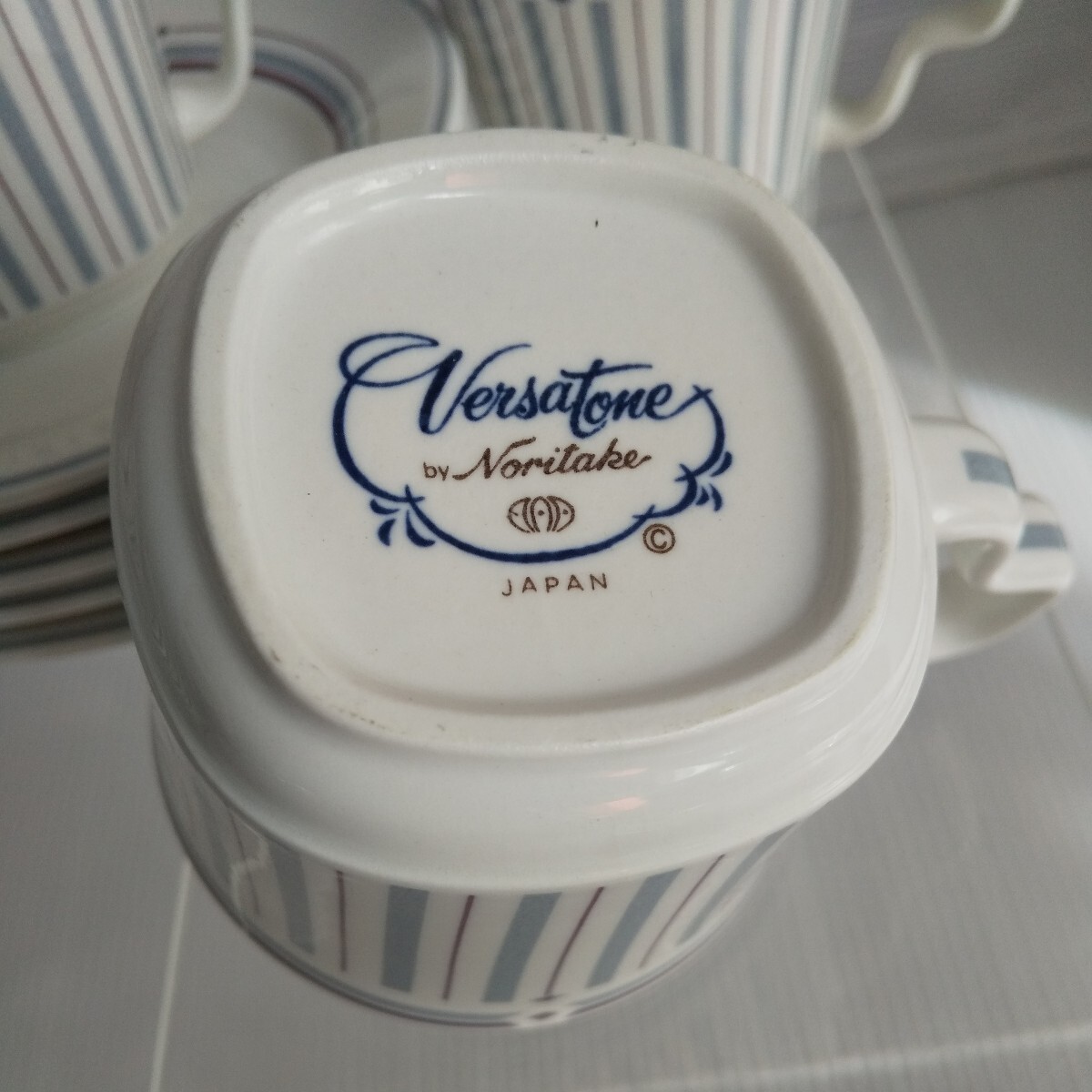 バーサトーン ノリタケ Versatone Noritake 昭和レトロポップ コーヒーカップ カップ & ソーサー 珍しい6客セット ストライプブルー 食器の画像2