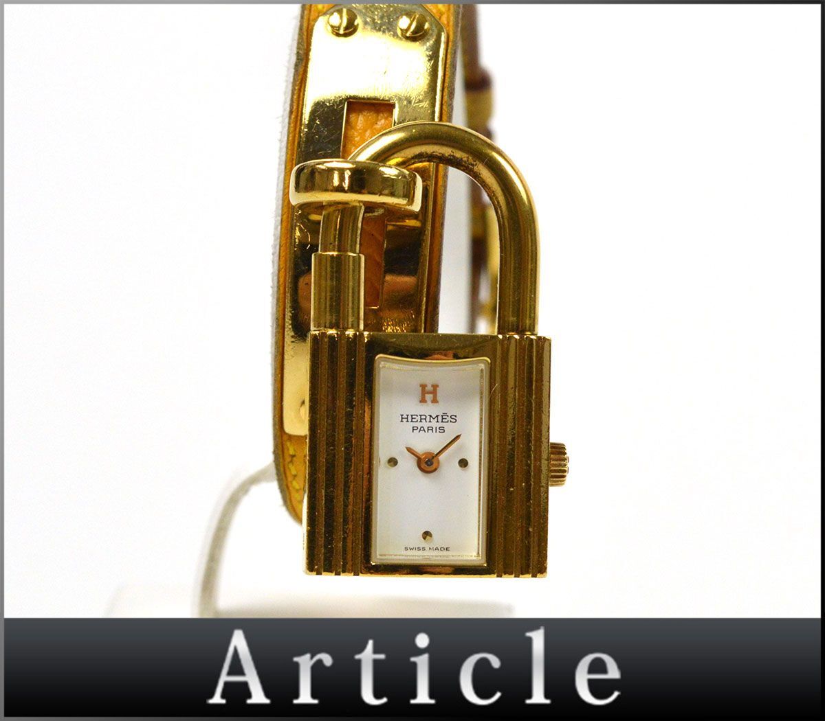 173293□動作確認済 HERMES エルメス ケリーウォッチ 腕時計 クォーツ 2針 〇Z刻印 GP レザー ホワイト ゴールド レディース アナログ/ D