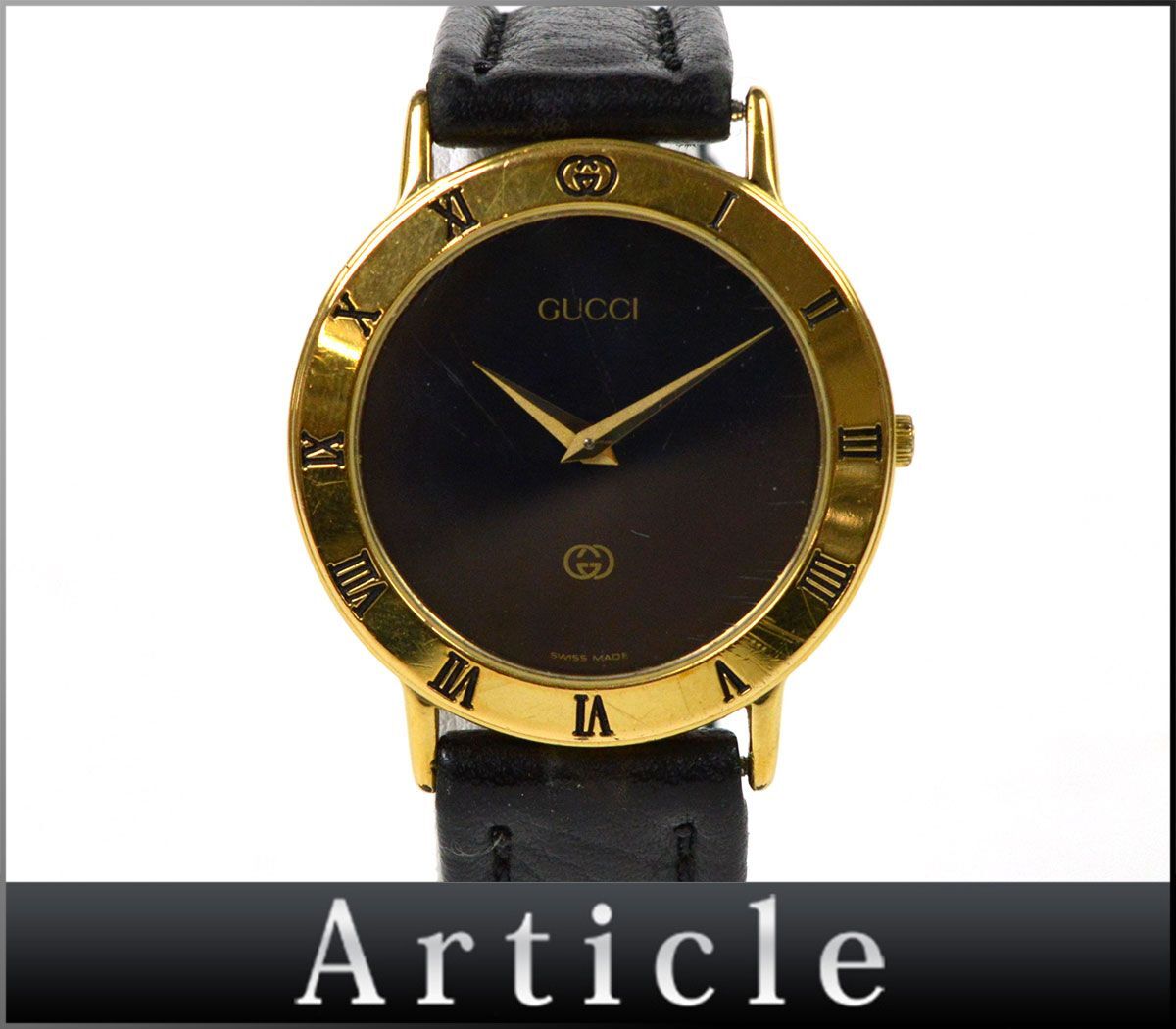 173396◆動作確認済 GUCCI グッチ メンズウォッチ 腕時計 クォーツ 3000M 2針 ラウンド ローマンベゼル GP レザー 革 ブラック ゴールド/ D