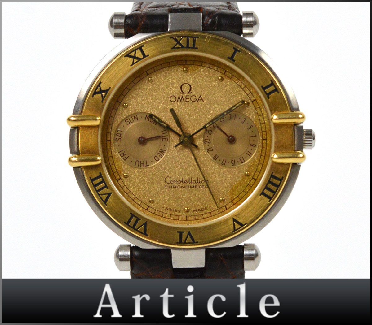 173027◆動作確認済 OMEGA オメガ コンステレーション クロノメーター 腕時計 クォーツ デイデイト ローマンベゼル SS レザー YG メンズ/ Dの画像1