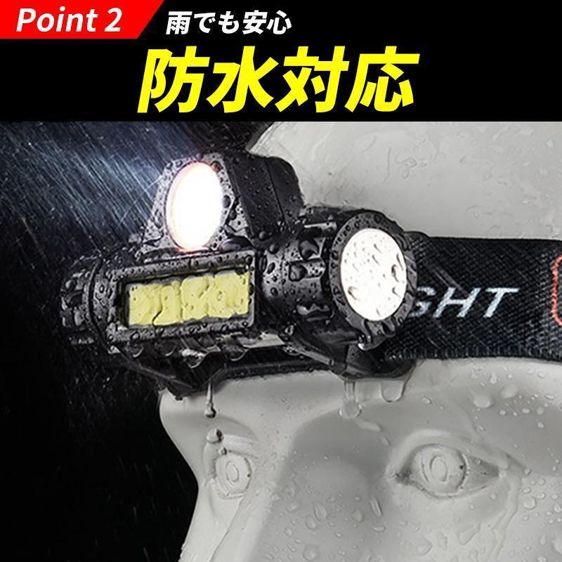 LEDヘッドライト USB充電式 90° キャンプ 夜釣り登山 ブラック 黒 軽量 防水 マグネット付 2個セット コンパクト 角度調整 の画像3