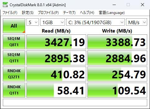 【8コア】第10世代i7-10700(4.8G×16)◆ブルーレイ 再生/記録◆超大容量【新品SSD 2TB】M.2◆大容量メモリ 32GB◆Wi-Fi 5G◆Office 2021_SSD 2TB (M.2)の速度計測 (SATAの5倍以上)