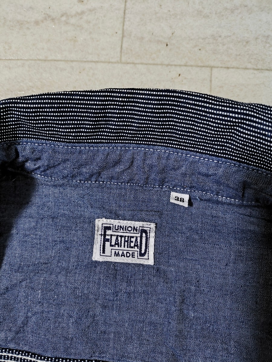 サイズ：38 美品 日本製 FLAT HEAD フラットヘッド ワークシャツ 半袖 ヒッコリー デニムシャツの画像3