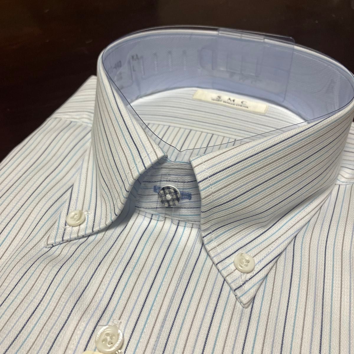 SMC 形態安定半袖ワイシャツ　ブルーストライプ　L(首41㎝) ボタンダウン 吸汗速乾機能素材