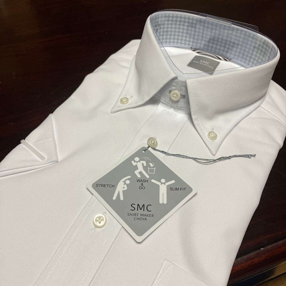 SMC 形態安定半袖ワイシャツ　白無地　M(首39㎝) ボタンダウン　ストレッチ素材　着やすいです。