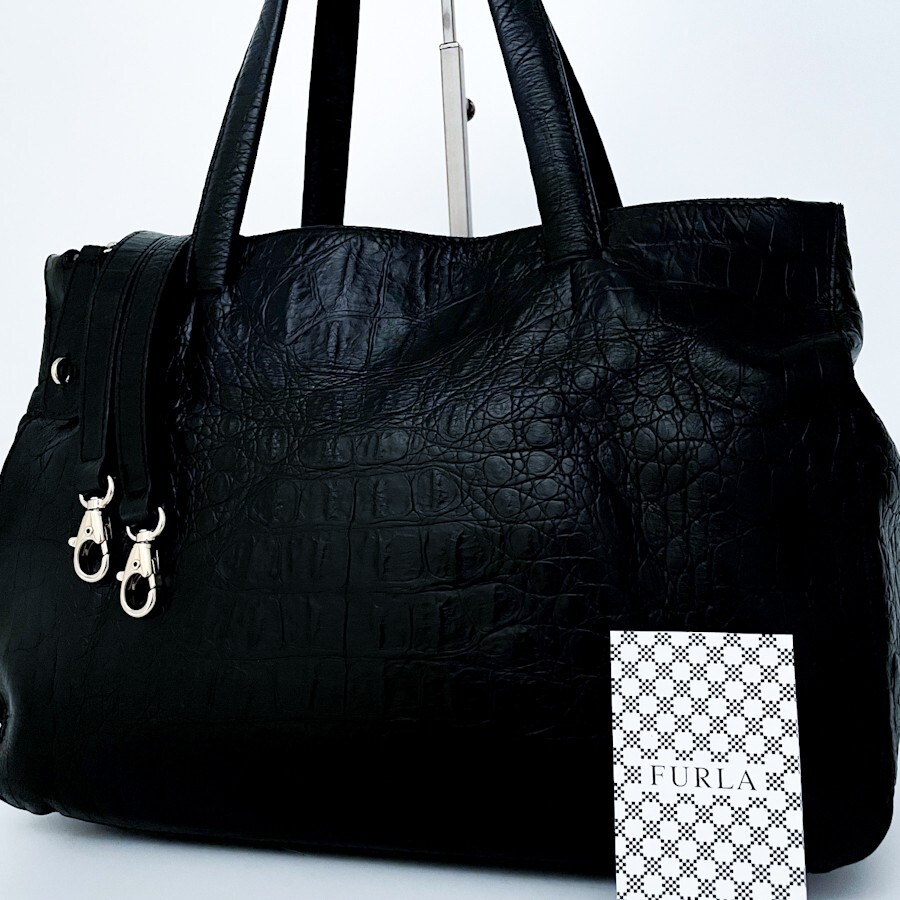 1 иен ~# очень красивый товар #FURLA Furla черный ko2way большая сумка бизнес портфель большая вместимость A4 женский мужской кожа черный чёрный 