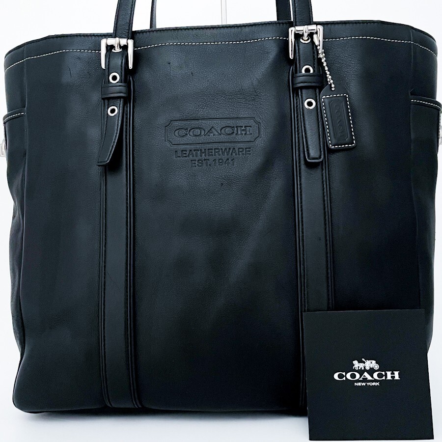 1 иен # не использовался класс #COACH Coach супер большая вместимость Logo очарование большая сумка бизнес портфель A4 женский мужской все кожа черный 