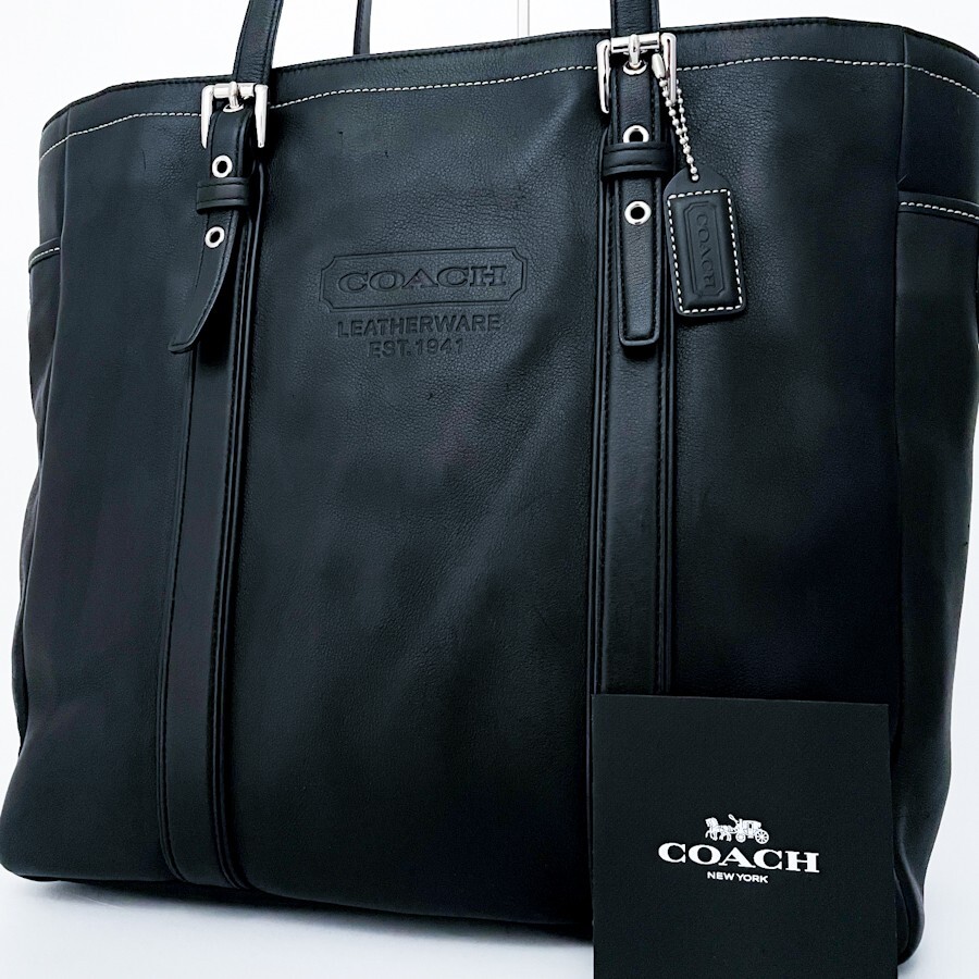 1 иен # не использовался класс #COACH Coach супер большая вместимость Logo очарование большая сумка бизнес портфель A4 женский мужской все кожа черный 