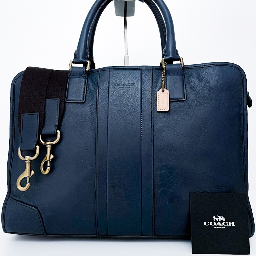 1 jpy ~# super-beauty goods #COACH Coach 2way Logo tote bag business briefcase high capacity A4 lady's men's all leather navy navy blue color 