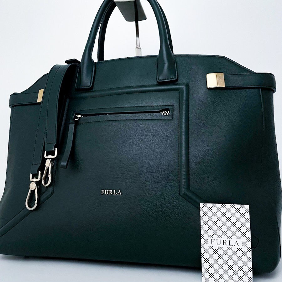 1円〜■超美品■FURLA フルラ 2way ロゴ 希少色 トートバッグ ビジネス 大容量 A4 レディース メンズ レザー カーキ ダークグリーン 緑_画像1