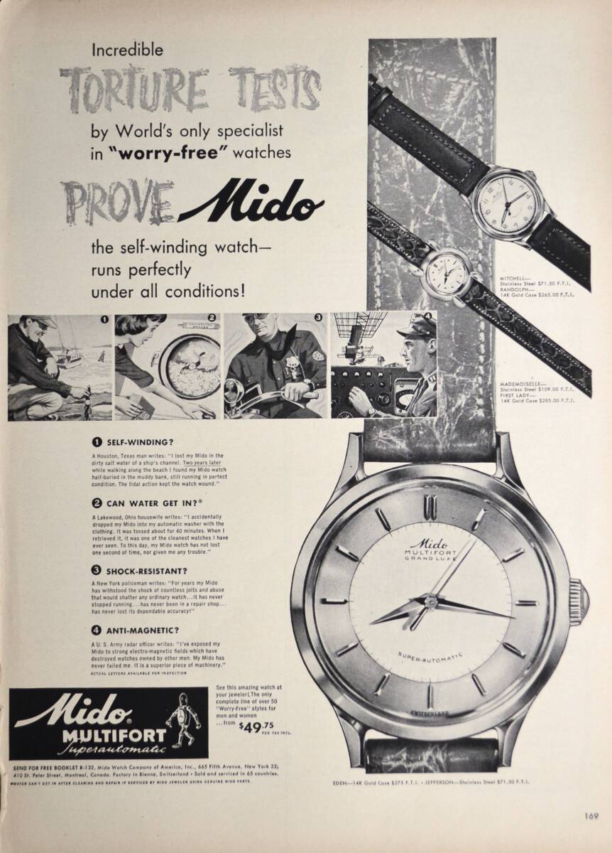 稀少・時計広告！1950年代ミドー時計広告/Mido Multifort Superautomatic Watch/W_画像1