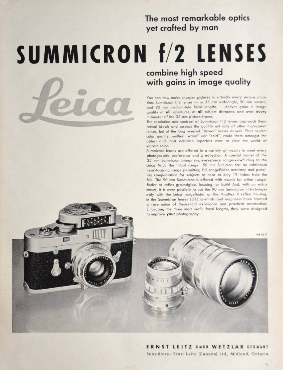  rare * advertisement!1961 year Leica camera advertisement /Leica M3 Camera/Summicron f/2 Lenses/ Germany /C