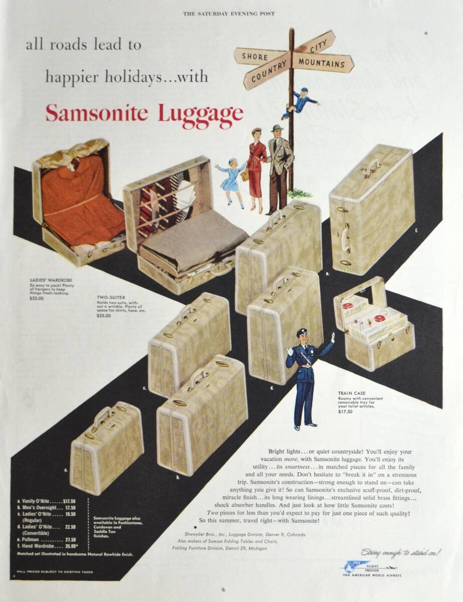  редко встречающийся  ！1950 год ... реклама  /Samsonite Luggage/ путешествие  сумка / багажник  / чемодан  /18