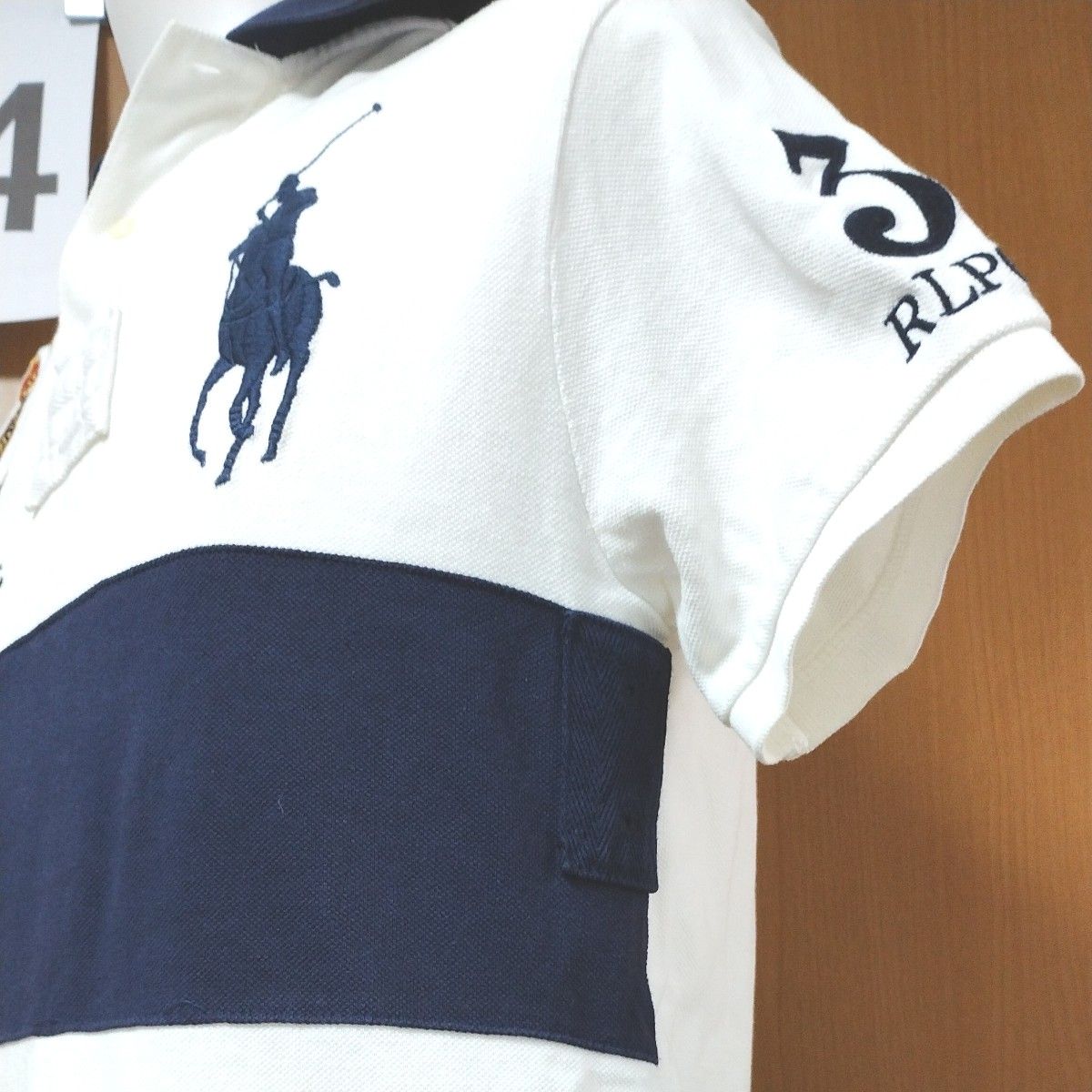 ポロラルフローレン半袖ポロシャツXS　ホワイト×ネイビー切替がおしゃれ！　贅沢なワッペンと刺繍　Polo Ralph Lauren