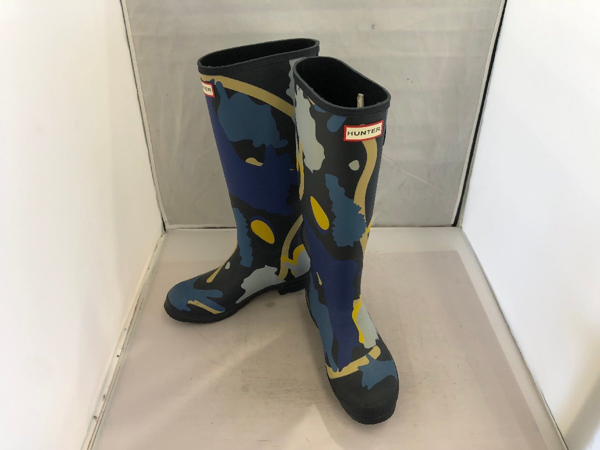 [HUNTER] Hunter дамский влагостойкая обувь * сапоги оттенок голубого × желтый утка рисунок резина 24cm высота 37cm SY02-EYK