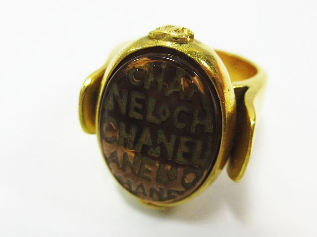 # Vintage CHANEL Chanel 99A Gris poa сладости кольцо цветной камень здесь Mark Logo GP Gold Brown примерно 10.1g *2487