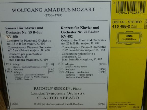 R・ゼルキン&アバド モーツァルト ピアノ協奏曲15、22番 DG輸入盤(西ドイツプレス)_画像2