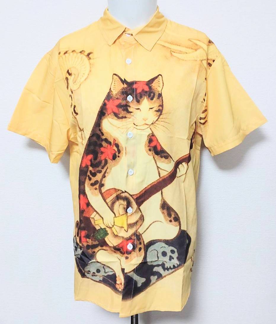 送料無料　【Mサイズ】三味線　シャツ　柄シャツ　和柄　和風　ねこ　ネコ　ねこ　半袖　ファンスマ_画像1