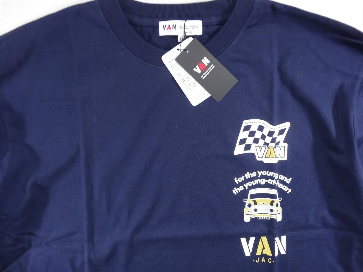 ◎送料無料! VAN JACKET ヴァンヂャケット 旧車 フロント左胸 フラッグ＆クラシックカー&定番ロゴプリントTシャツ LL NAVY◎_画像8