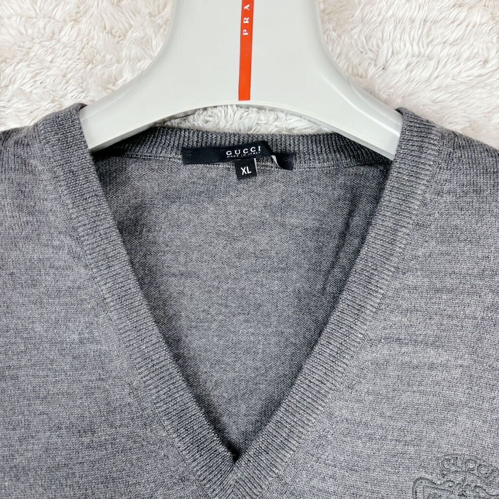 1円 極美品! XXL.3L~XL.LL 極上手触りグッチGUCCI 長袖ニットセーター刺繍ロゴVネックウール100%メンズグレーの画像5