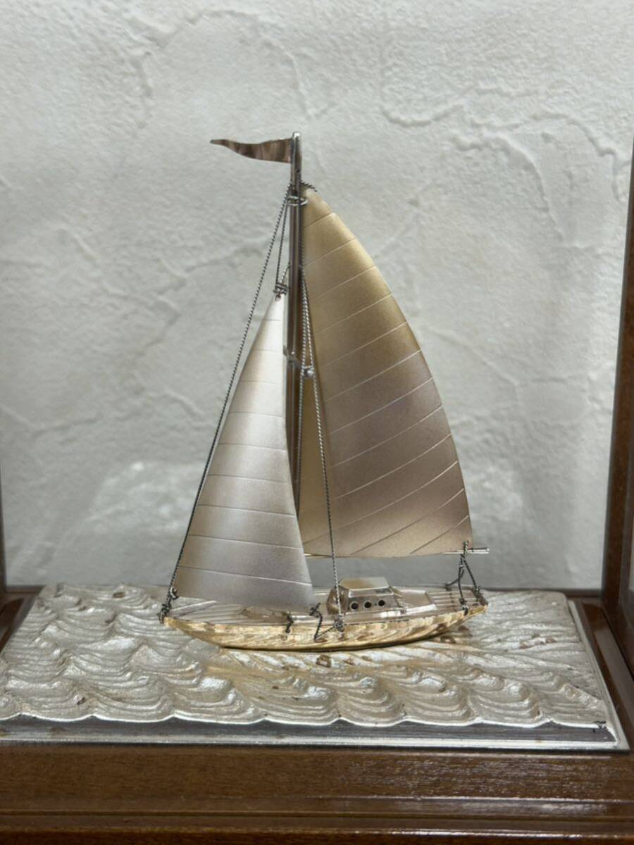 SILVER シルバー ヨット ガラスケース 銀製刻印 TAKEHIKO？ 置物 帆船 オブジェ の画像2