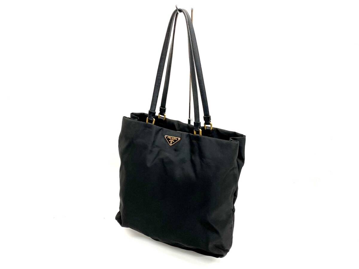 3T5★PRADA/プラダ★ 三角プレート B11213 テスート ショルダーバッグ トートバッグ 肩掛け ナイロン × レザー ブラック 黒 Gカード付_画像1