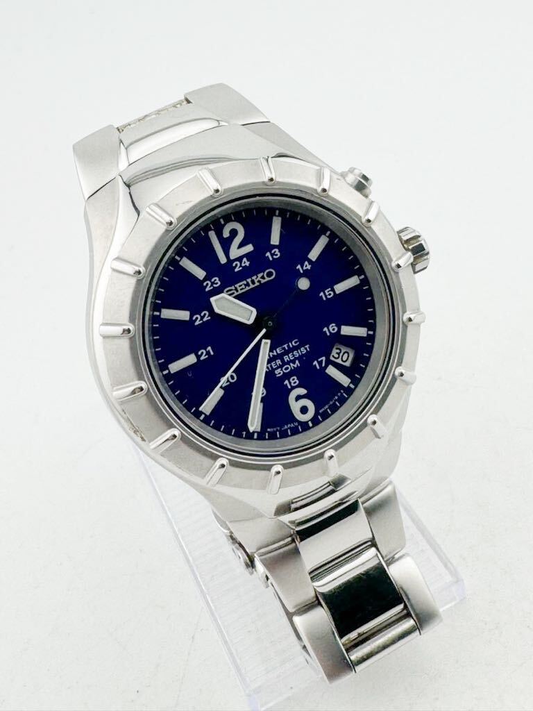 SEIKO 腕時計 AT セイコー KINETIC キネティック 5M42-0F00 メンズ 自動巻き シルバー ネイビー系文字盤 稼働品【k3236】_画像1