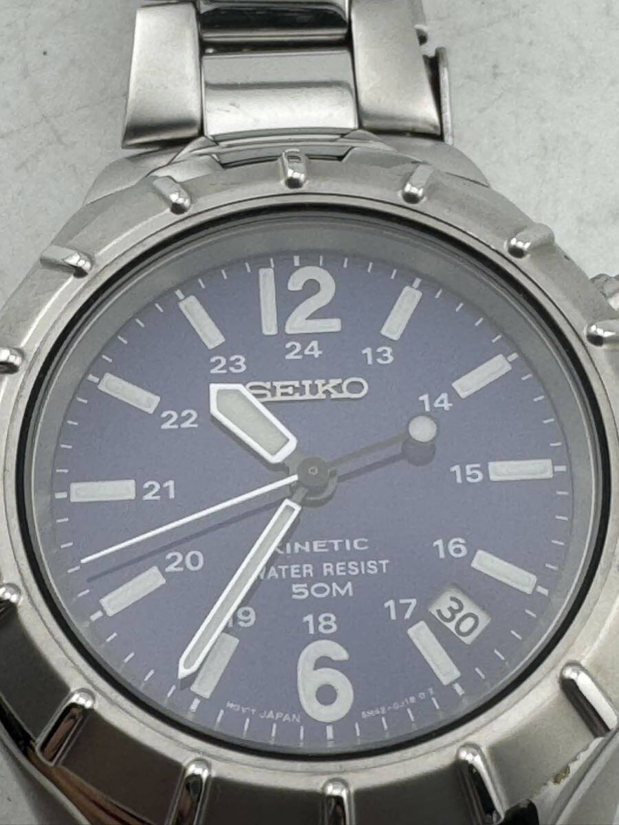 SEIKO 腕時計 AT セイコー KINETIC キネティック 5M42-0F00 メンズ 自動巻き シルバー ネイビー系文字盤 稼働品【k3236】_画像2
