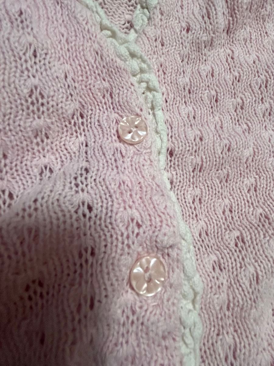 子供服 150cm 女の子ボタンが可愛い コットン ニット サマー カーディガン 薄手 トップス ピンク 透かし編み 白い縁取り
