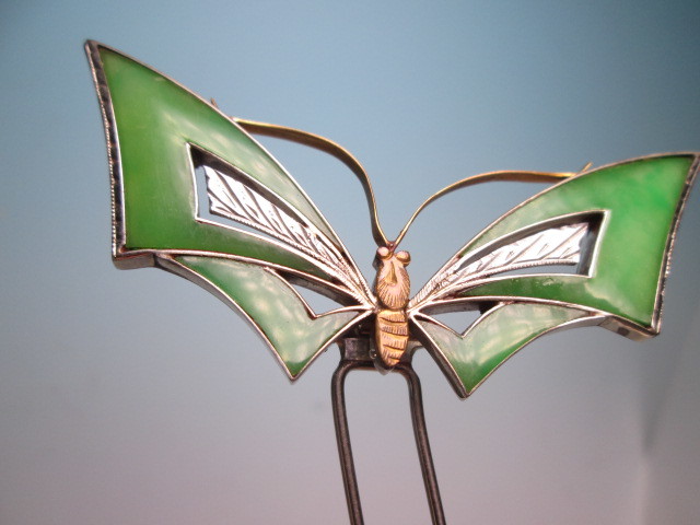 【江月】アンティーク・松坂屋 彫金細工緑の蝶のかんざし 共ケース付