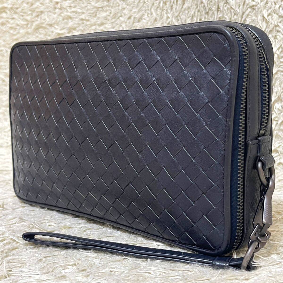 《極美品》ボッテガヴェネタ ダブルファスナー セカンドバッグ イントレチャート BOTTEGA VENETA オーガナイザー レザー メンズ ネイビーの画像1