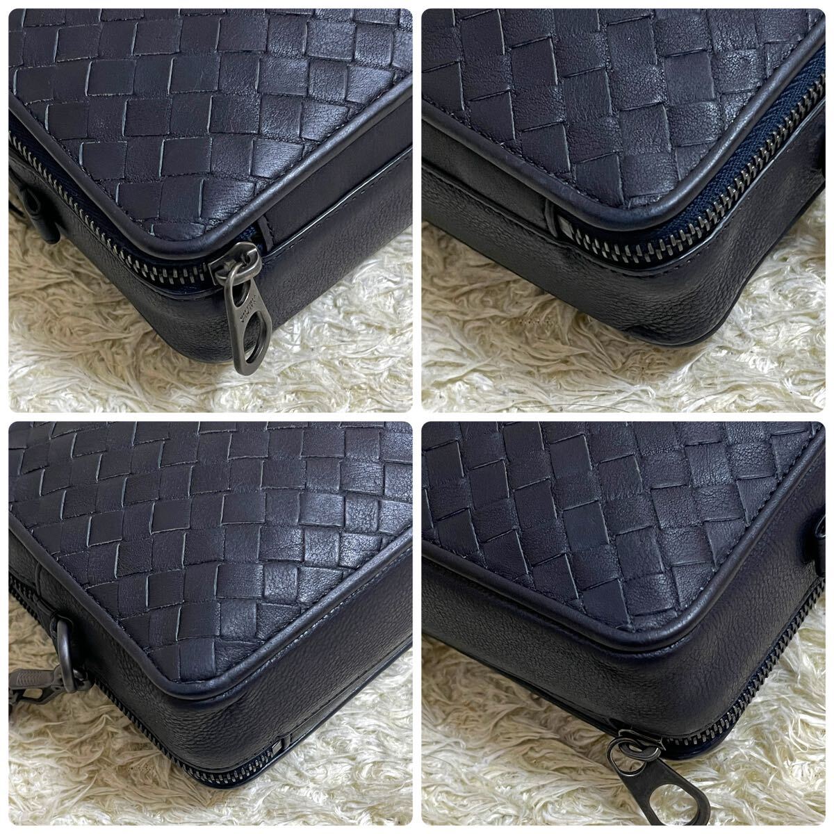 《極美品》ボッテガヴェネタ ダブルファスナー セカンドバッグ イントレチャート BOTTEGA VENETA オーガナイザー レザー メンズ ネイビーの画像5