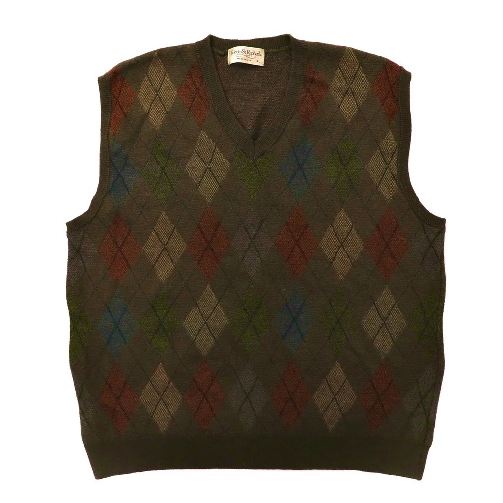 USA製 ARGYLE SWEATER VEST Vネック アーガイルニット ベスト XL カーキ アクリル 90年代 TRICOTS ST. RAPHAEL_画像1